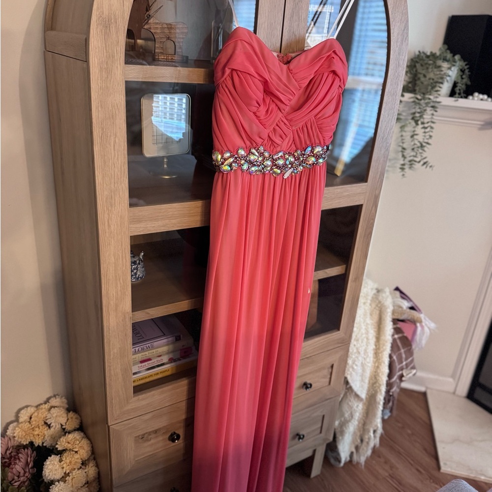 Coral Chiffon Maxi Dress w/ Jeweled Waist Strapless Formal Prom Evening Gown - Picture 2 of 8